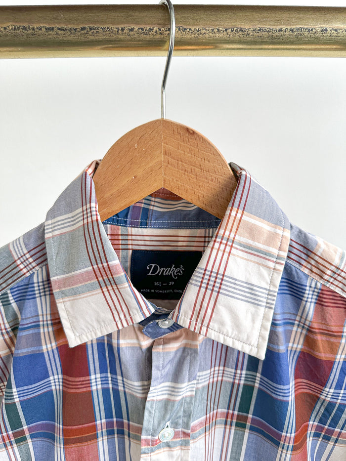 Drake's Work Shirt In Beige Blue Red Checked Cotton - House Of Huntington