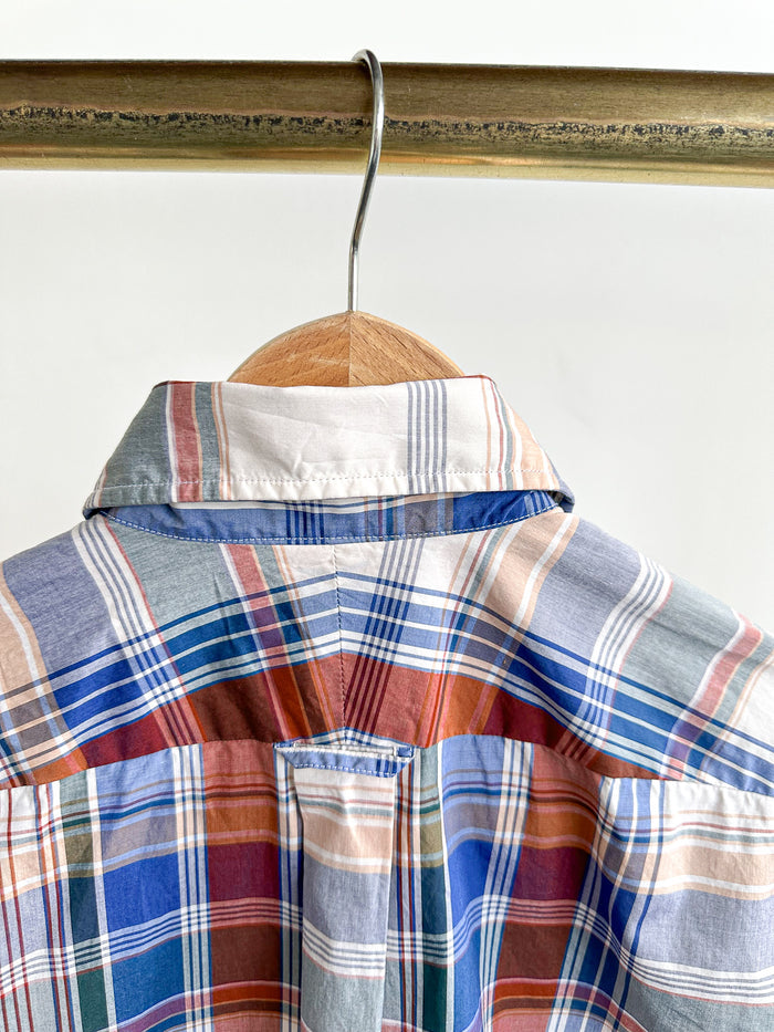 Drake's Work Shirt In Beige Blue Red Checked Cotton - House Of Huntington