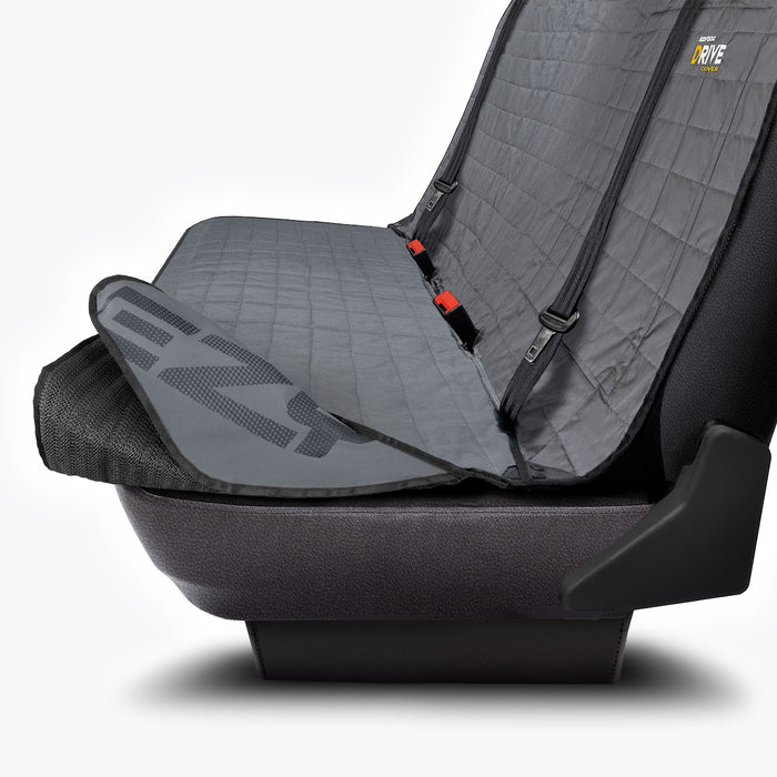 A hammock-style dog car seat cover with grey color, featuring headrest straps and a non-slip base.