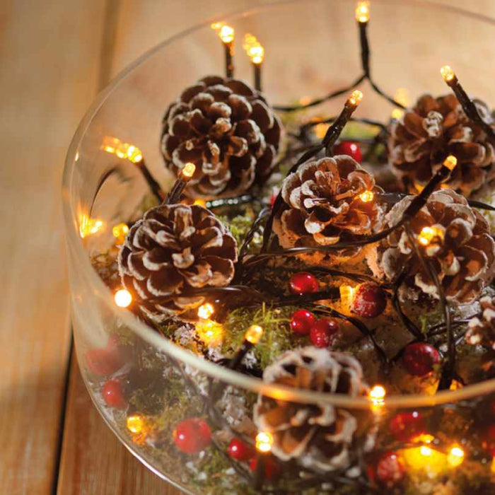 Brighten any space with festive holiday décor by filling a glass bowl with pinecones, red berries, moss, and Durawise Battery Operated LED Twinkle String Lights Warm White from Available for Pickup & Delivery.