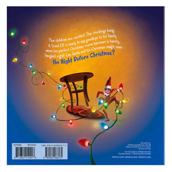 An Elf on the Shelf® doll is tangled in colorful Christmas lights beside an overturned chair, set against a gradient orange to purple backdrop. Above, the text from the Elf on the Shelf®: Night Before Christmas Book tells of a Scout Elfs farewell and childrens gift-giving joy before Christmas.