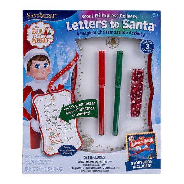 The Elf On The Shelf®: Scout Elf Express - Letters to Santa® Mini set is a delightful Christmas activity kit including elf-sized letters, red and green pens, special paper, envelopes, a keepsake ornament, and a storybook. Its packaging features playful elf illustrations and festive decor.