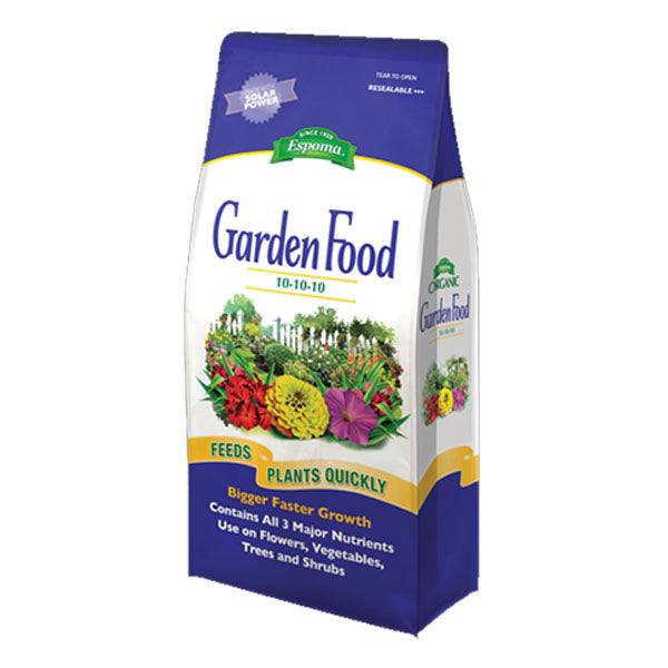 Espoma Garden Food 10-10-10 (6.75 lb.) by Pickup & Local Delivery Only is an all-purpose fertilizer for fast plant growth—ideal for flowers and vegetables—with a balanced 10-10-10 formula, shown on the blue and white bag with garden imagery.