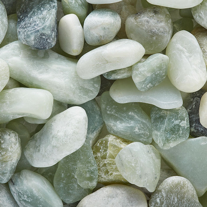 Exotic Pebbles - Polished Jade Pebbles, 5 lb. bag, feature smooth green and white stones of various shapes and sizes—ideal decorative accents for landscaping. Available for Pickup & Delivery.