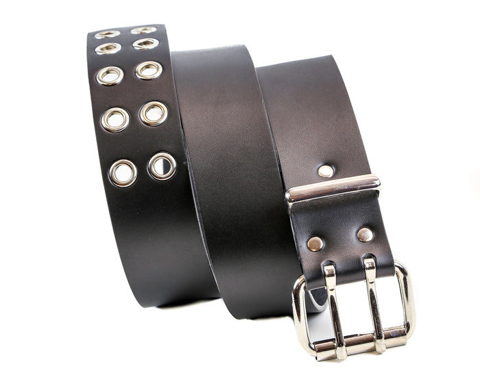 Genuine Black Leather Grommet Dress Casual Jean Belt  1 3/4" Width Roller Buckle