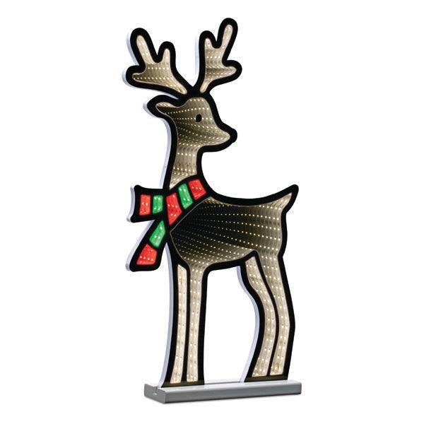 The Infinity Light – Deer with Scarf – 23.5” by Available for Pick-Up & Delivery is a decorative reindeer outline, featuring infinity lights and a red and green scarf, standing on a rectangular base—perfect for festive holiday decor.