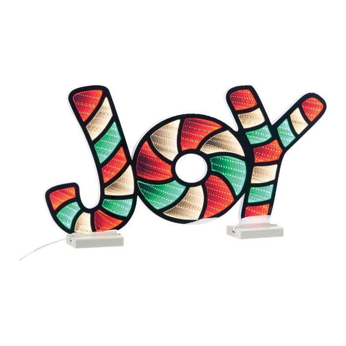The Infinity Light – Joy – 24” from Available for Pick-Up & Delivery features large JOY letters in red, green, and white stripes, illuminated from within on a white base—plug-in design adds festive cheer to your holiday décor.