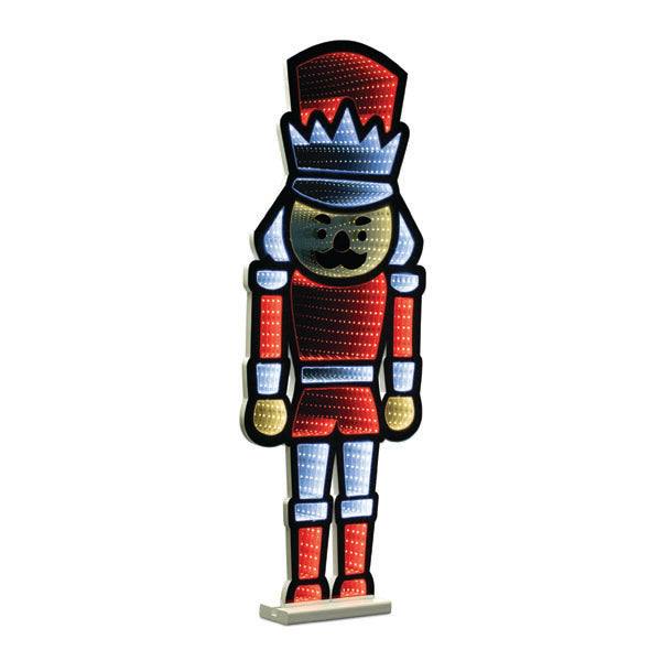 The Infinity Light – Nutcracker – 34, featuring red, white, and blue infinity lights, boasts a tall hat, mustached round face, and detailed uniform. Perfect for holiday decor by Available for Pick-Up & Delivery.