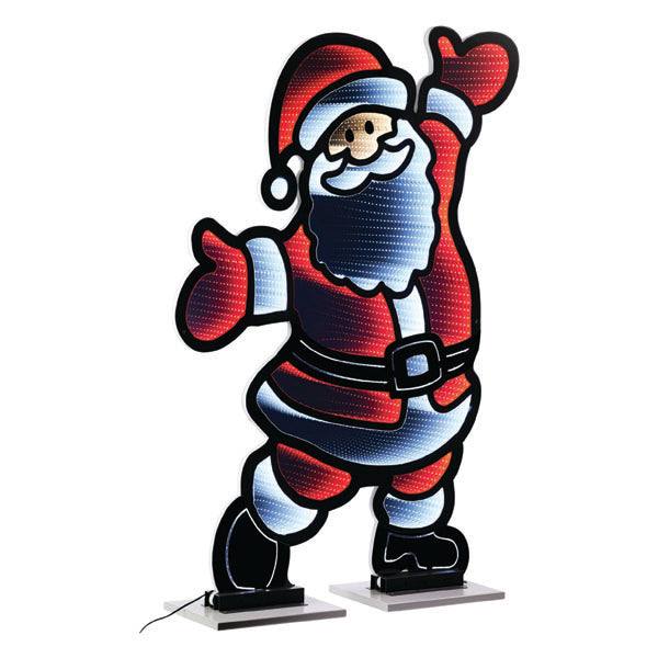 The 47” Infinity Light – Santa from Available for Pick-Up & Delivery features Santa with outstretched arms and a cheerful expression in red and white attire. The infinity effect enhances the holiday spirit with vibrant illumination against a crisp white background.