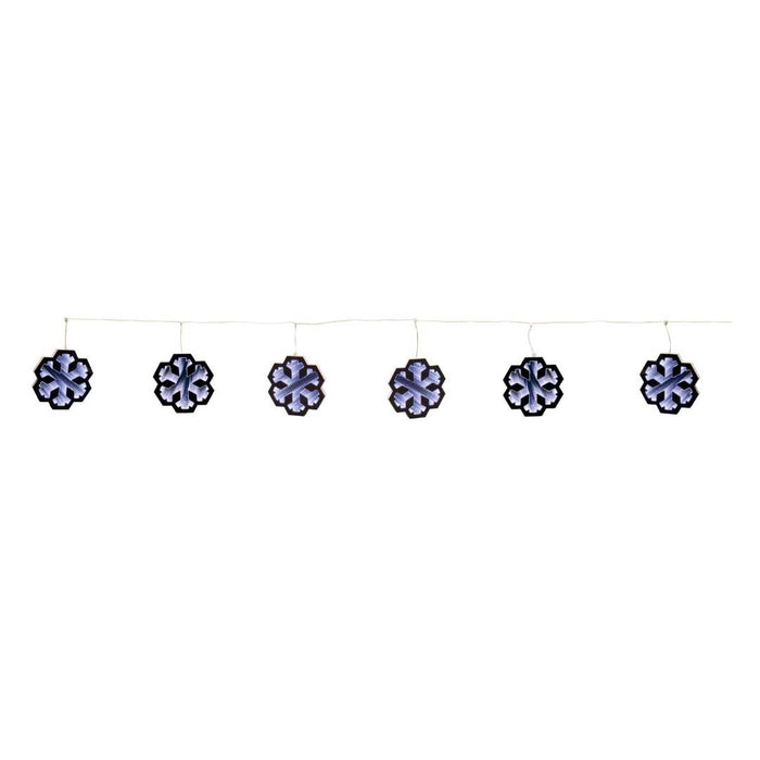 The Infinity Light – Snowflake Garland from Available for Pick-Up & Delivery features six glowing snowflake ornaments on a white cord—an ideal holiday décor piece to brighten any space.