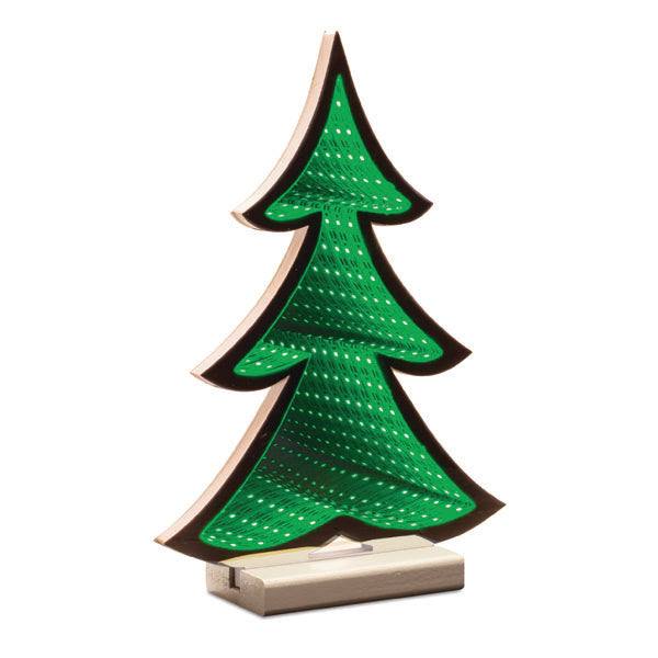 The Infinity Light – Tree – 12” by Available for Pick-Up & Delivery is a decorative green Christmas tree light with a wooden outline and reflective surface, creating depth as an infinity display. It stands on a small rectangular wooden base, adding charm to your holiday décor.