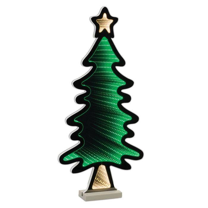 The 25” Infinity Light – Tree with Star by Available for Pick-Up & Delivery is a charming holiday piece shaped like a Christmas tree, featuring green lights with a reflective effect, elegantly mounted on a small rectangular base.