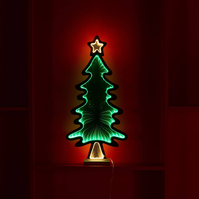 The Infinity Light – Tree with Star – 25”, from Available for Pick-Up & Delivery, is a mesmerizing holiday décor piece featuring a neon tree with a star, glowing green and yellow against a dark red background.