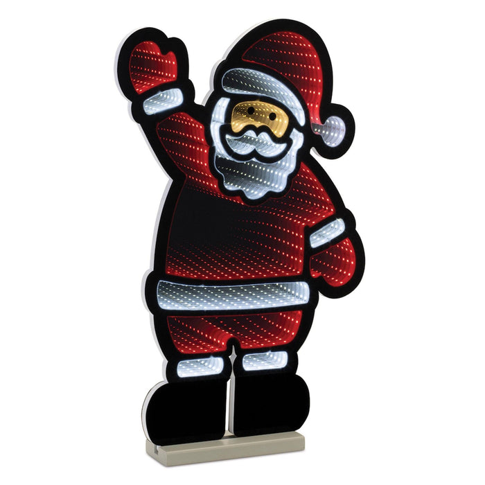 The Infinity Light – Waving Santa – 23” by Available for Pick-Up & Delivery features a festive silhouette of Santa Claus waving, illuminated in red, white, and black lights. His traditional attire—hat, coat, belt, and boots—stand out against a bright white background.