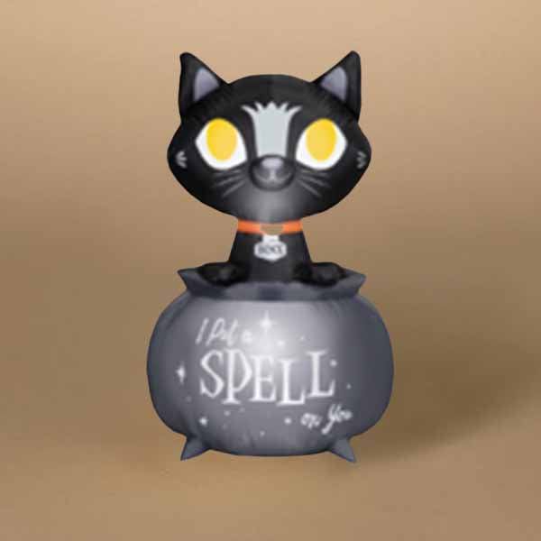 The Inflatable - Binx in Cauldron features a charming cartoon black cat with large yellow eyes sitting on a gray cauldron inscribed with I put a spell on you in white, set against a simple beige background, ideal for Halloween decor. Available for pick-up & delivery.