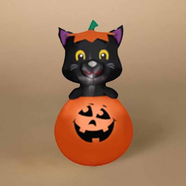 The Inflatable - Cat in Jack-o-Lantern by Available for Pick-up & Delivery features a cheerful black cat with a pumpkin hat perched on a glowing orange jack-o-lantern, set against a plain beige background—a perfect Halloween decoration.