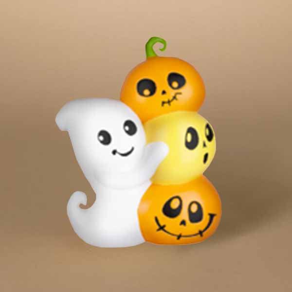 The Inflatable - Ghost with Pumpkin Trio from Available for Pick-up & Delivery showcases a cheerful ghost hugging three stacked jack-o-lanterns, each with joy, surprise, and mischief on their faces. Its perfect for adding festive spirit to any Halloween scene against a beige backdrop.