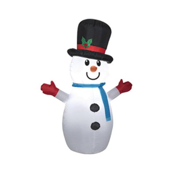 The Inflatable – Small Snowman – 48” from Available for Pick-Up & Delivery is an ideal outdoor Christmas decoration. With a black top hat with holly, blue scarf, and red mittens, its smiling face and coal-shaped buttons bring festive charm to any yard.