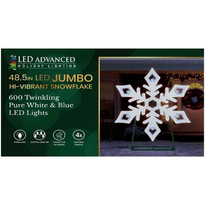 A 48.5" Jumbo Hi-Vibrant LED Snowflake from Available for Pick-Up & Delivery shines with twinkling pure white and blue LEDs—perfect as outdoor holiday décor.