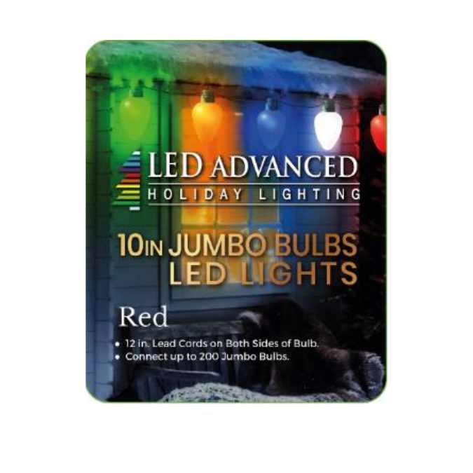 A product label for Jumbo LED Lit Bulb - Red from Available for Pick-Up & Delivery shows large holiday lights on a house. Text reads: “Jumbo LED Lit Bulb - Red,” listing 12 in. lead cords and connectable up to 200 bulbs.