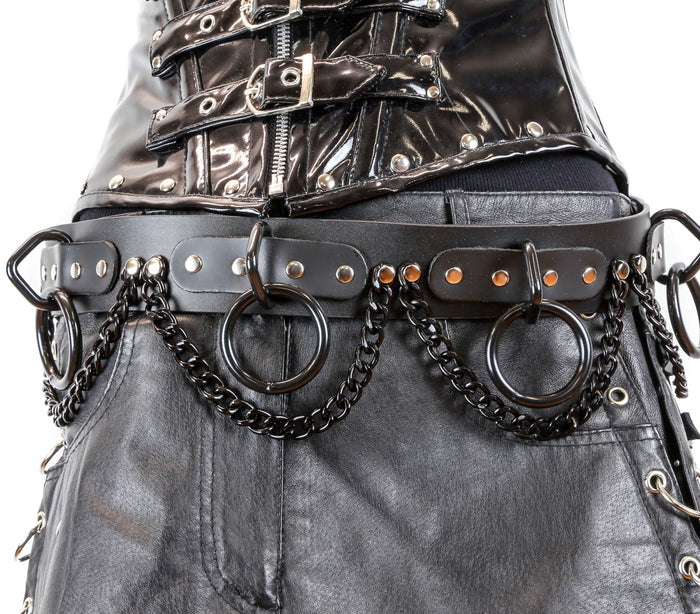 Large Black Ring Hanging Chain Bondage Wide Belt Genuine Leather