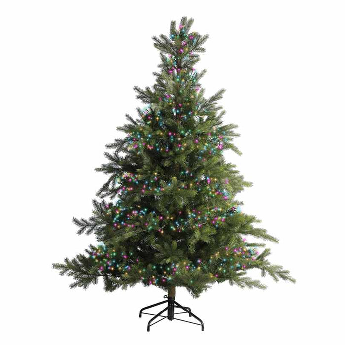 A green artificial Christmas tree stands on a black base, decorated with LED Cluster Lights – Soft Multicolor – 8 Function from Available for Pick-Up & Delivery, set against a white background.