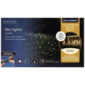 A box of LED Net Lights – Warm White – 200 Count, available for pick-up & delivery, decorates bushes with twinkling warm white LEDs in a net pattern. The packaging features connectable outdoor lights and an 8-hour timer.