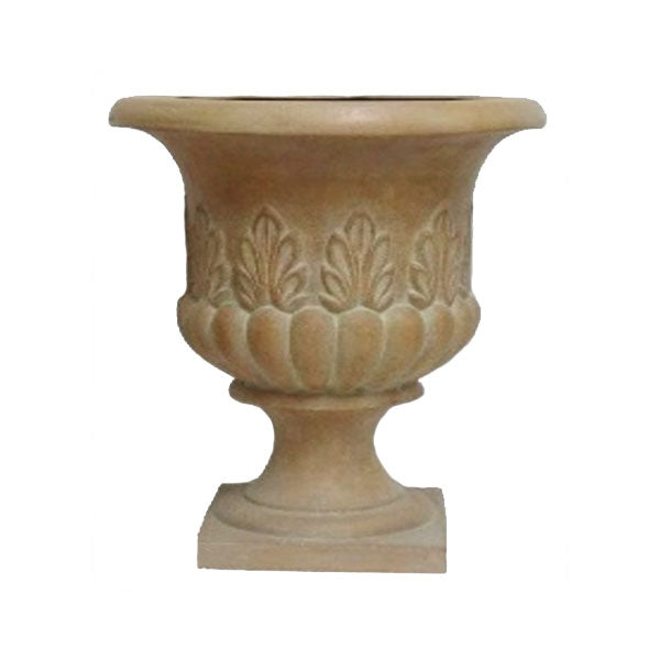 The Pick-Up & Local Delivery Only Lightweight Urn Planter – Blush, 22.5-inch, features a wide rim, pedestal base, and carved leaf motifs—ideal for elevating any outdoor space.