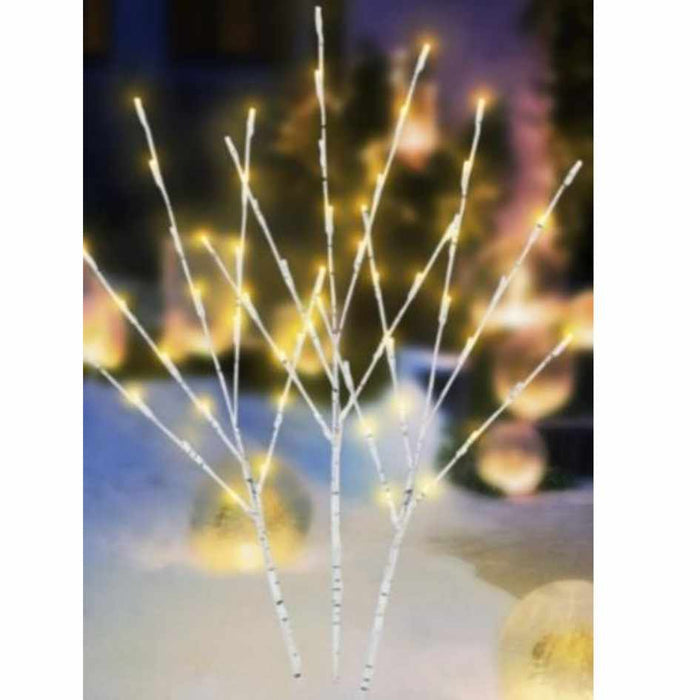 The Lit Branch - 30" - Warm White - White Stem features small warm white LED lights on a white stem, creating a festive glow indoors or outdoors—available for pick-up & delivery. Perfect for snowy landscapes and holiday decorating.