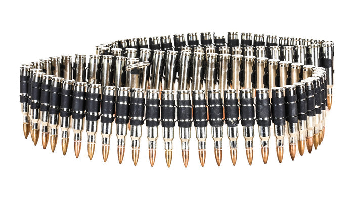 M16 .223 Caliber Bullet Belt Nickel Shell Copper Tips Black 'X' Link
