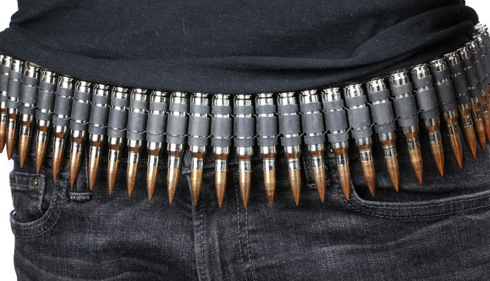 M16 .223 Caliber Bullet Belt Nickel Shell Copper Tips Black 'X' Link