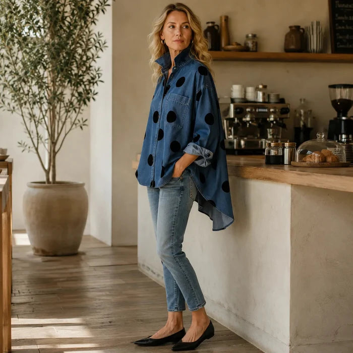 Marevelle – Oversized Polka Dot Denim Shirt with Stand Collar