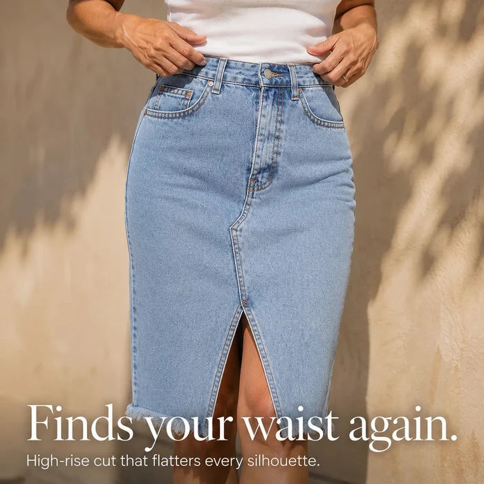 Marivel – High Waisted Denim Midi Skirt with Front Slit and Frayed Hem