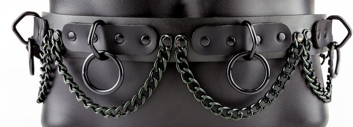Medium Black Ring Hanging Chain Bondage Wide Belt Genuine Leather