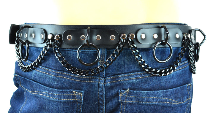 Medium Black Ring Hanging Chain Bondage Wide Belt Genuine Leather