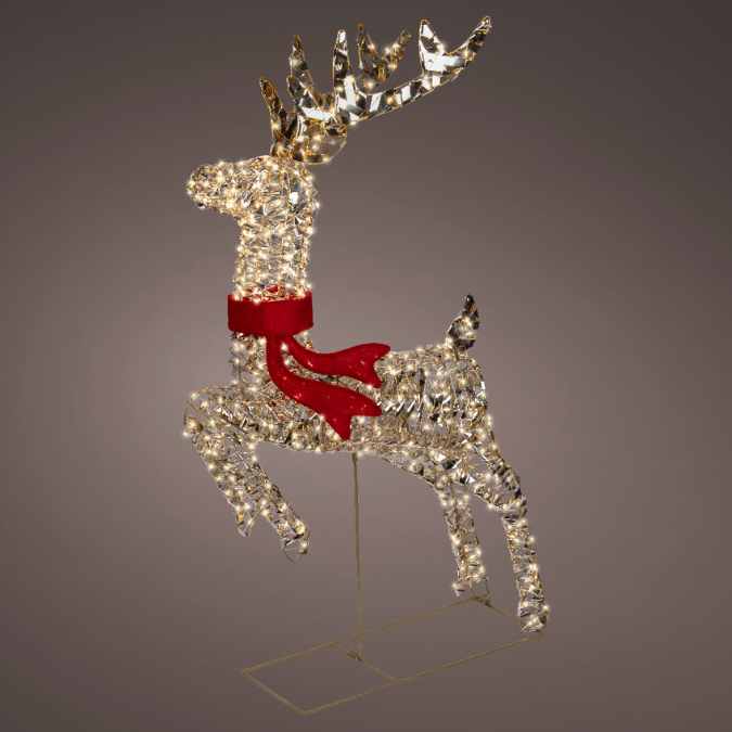 The Micro LED Leaping Lit Reindeer – Warm White Lights from Available for Pick-Up & Delivery features a sparkling upright design with a raised leg, flashing light effect, and bright red scarf—perfect for outdoor holiday décor.