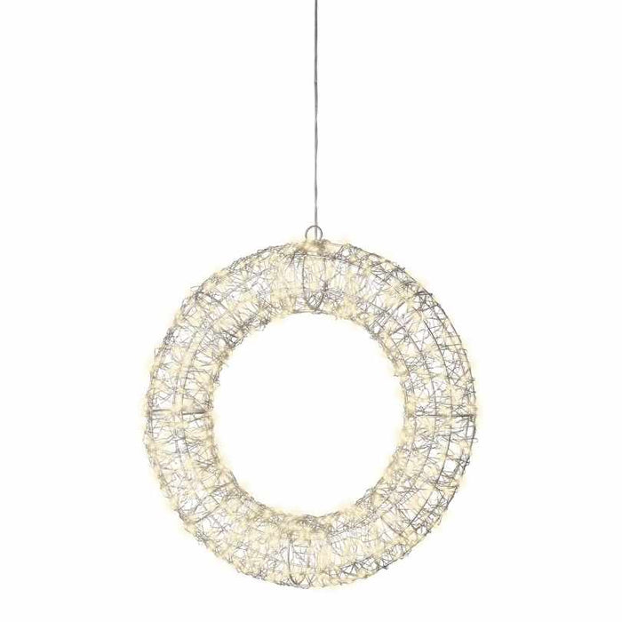 The Micro LED Lit Wreath - Warm White Lights (15-Inch) features silver wire with warm white LEDs, suspended by a slim cord—an elegant décor piece from Available for Pick-Up & Delivery, ideal for adding holiday style to any space.