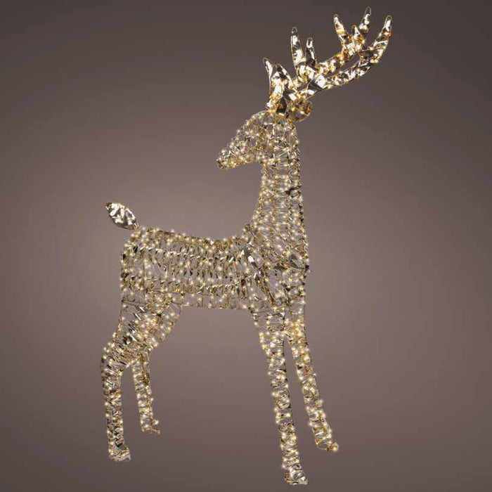 The Micro LED Standing Lit Reindeer – Warm White Lights from Available for Pick-Up & Delivery features glowing golden wire with small lights, creating a radiant holiday display with illuminated antlers and body on four legs.