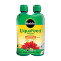 A green and yellow 4-pack of Miracle-Gro® LiquaFeed® All Purpose Plant Food with bright labels, two green caps per bottle, and images of flowers highlighting enhanced nutrition for up to twice as big plant growth.