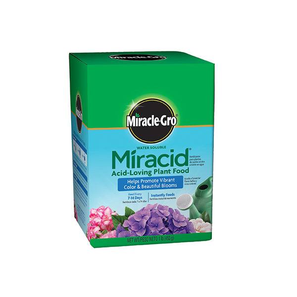 A green and blue 1 lb. box of Miracle-Gro® Miracid® features pink hydrangeas and purple flowers. This acid-loving plant food promotes vibrant color, lush foliage, and beautiful blooms. Brand: All Delivery Options.