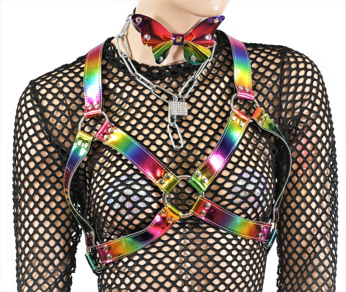 Multi Rainbow Leather Wide Bra Style Vegan Leather Harness