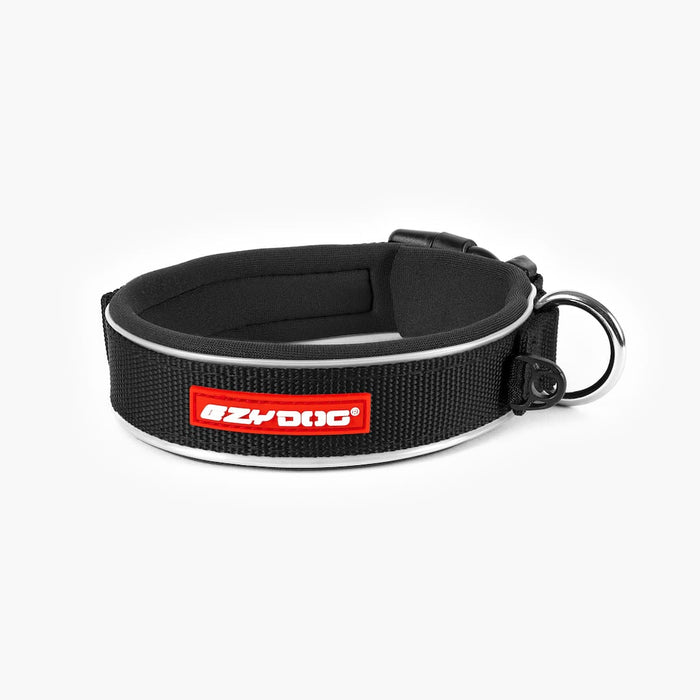 A black neoprene and nylon dog collar with a black plastic buckle and a label that reads 'EzyDog'.