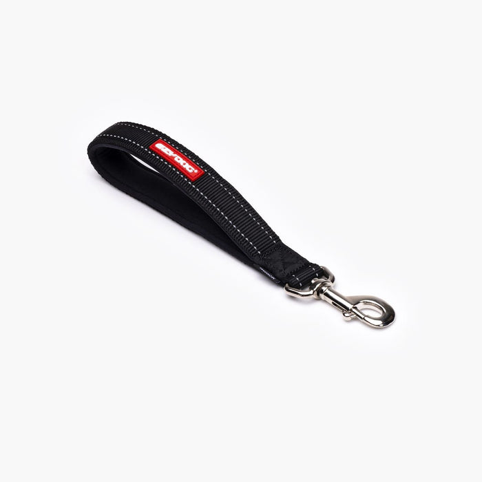 A black webbed dog leash with a red label and a metal clasp.