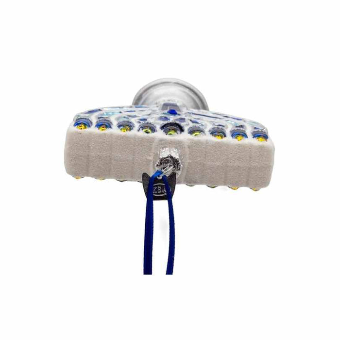 Close-up of the Ornament - Glass Menorah by Available for Pick-Up & Delivery, styled as a Hanukkah decoration with vibrant blue and yellow accents, photographed against a white background.