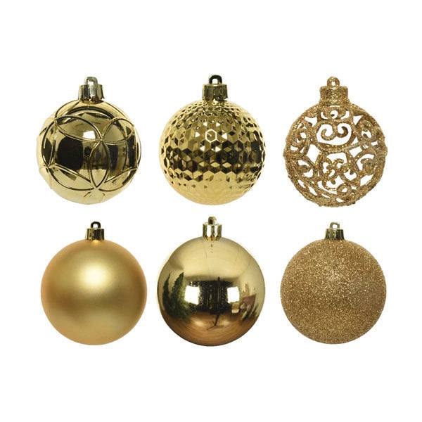 The Ornaments – Shatterproof - Gold by Available for Pick-Up & Delivery feature six gold pieces in two rows, ideal for holiday décor. Designs include smooth matte, shiny reflective, textured patterns, and intricate cutouts. Each has a loop on top for easy hanging.
