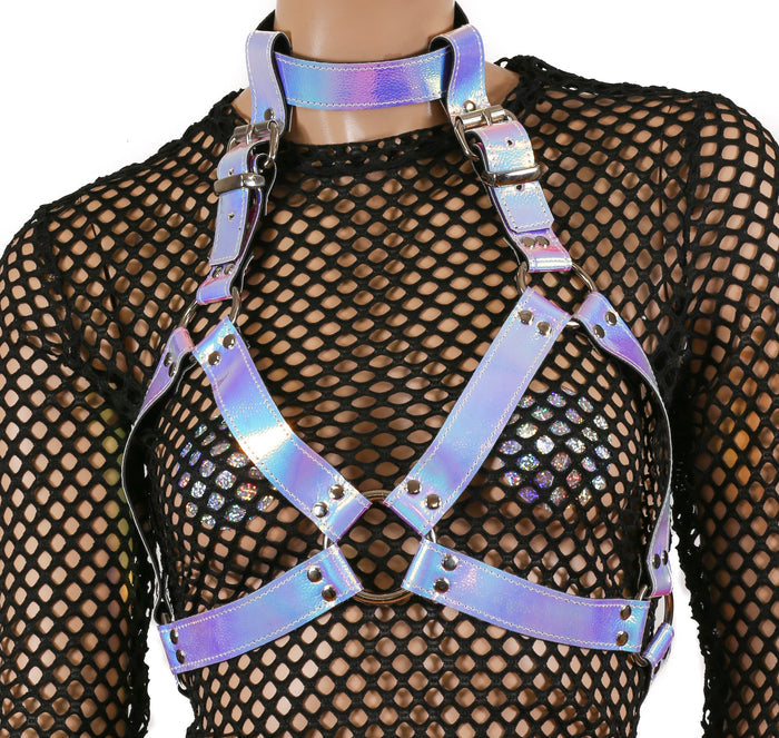 Pebbled Rainbow Leather Wide Bra Style Vegan Leather Harness With Choker