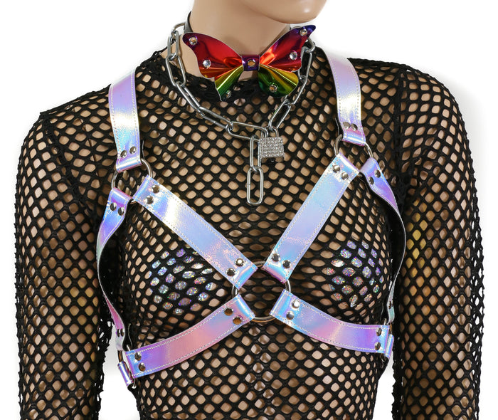Pebbled Rainbow Leather Wide Bra Style Vegan Leather Harness