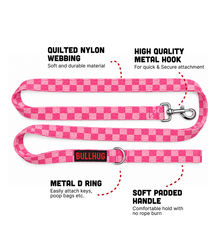Pink Checkers BullHug 6ft Dog Leash – Padded Handle