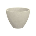 The All Delivery Options Planter - Drizzle in Off White (18-inch) features a round, textured design with a wide opening and tapered base, ideal for indoor or outdoor use. Shown against a plain white background.