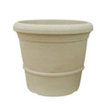 The Pick-Up & Local Delivery Only Planter - Rustic - Sandstone - 35-inch is a beige, round ceramic pot with a wide rim, hand-finished texture, and smooth surface, set against a white background.